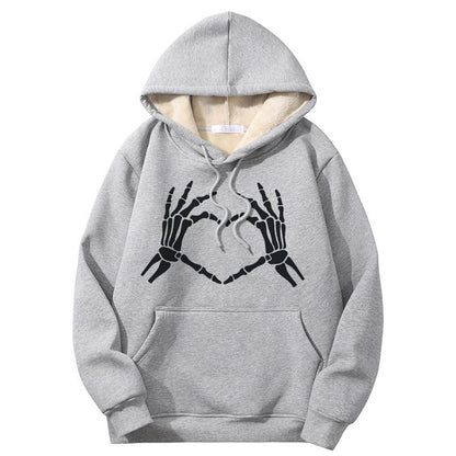 Skull Hand Love Heart Warm Fleece Sherpa Lined Hoodie