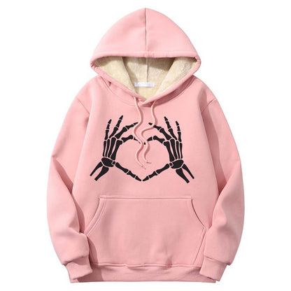 Skull Hand Love Heart Warm Fleece Sherpa Lined Hoodie