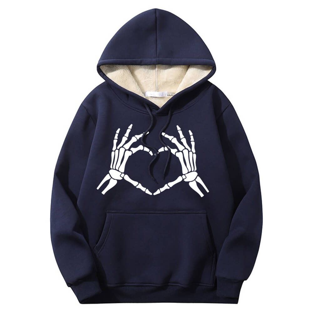 Skull Hand Love Heart Warm Fleece Sherpa Lined Hoodie