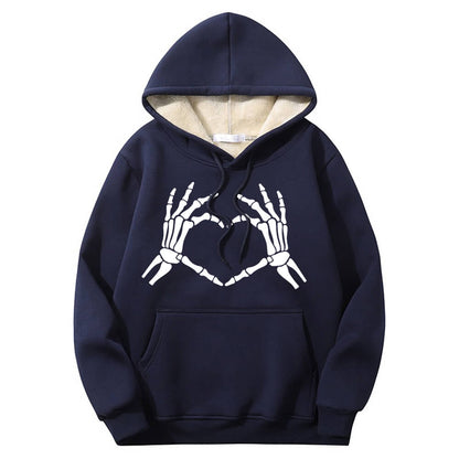 Skull Hand Love Heart Warm Fleece Sherpa Lined Hoodie