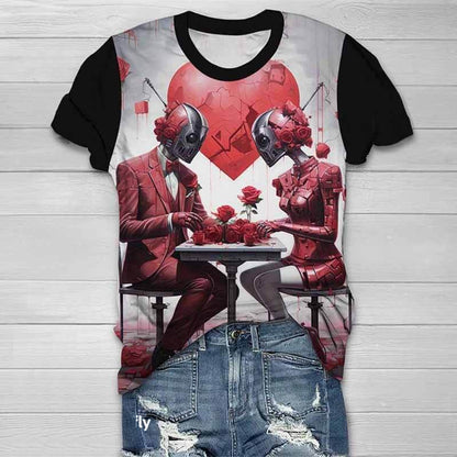 Skull Robot Love Round Neck Short Sleeve T-Shirt