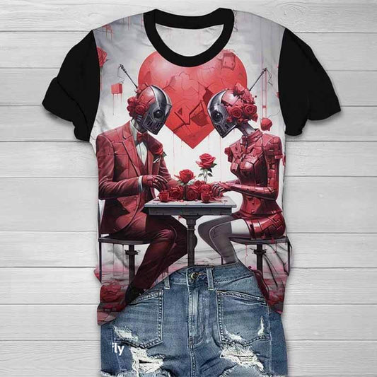 Skull Robot Love Round Neck Short Sleeve T-Shirt
