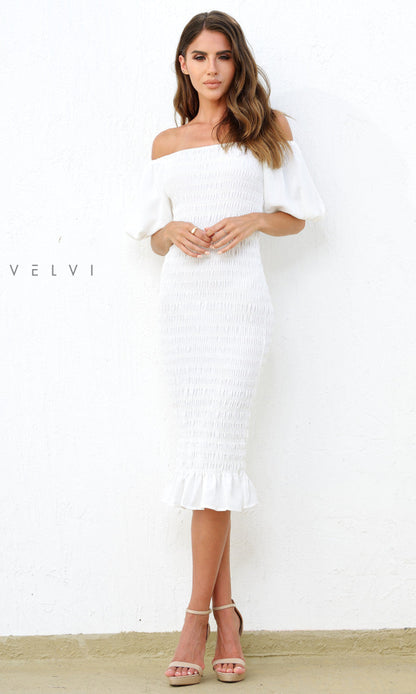 Skyla Shirred Midi Dress - WHITE