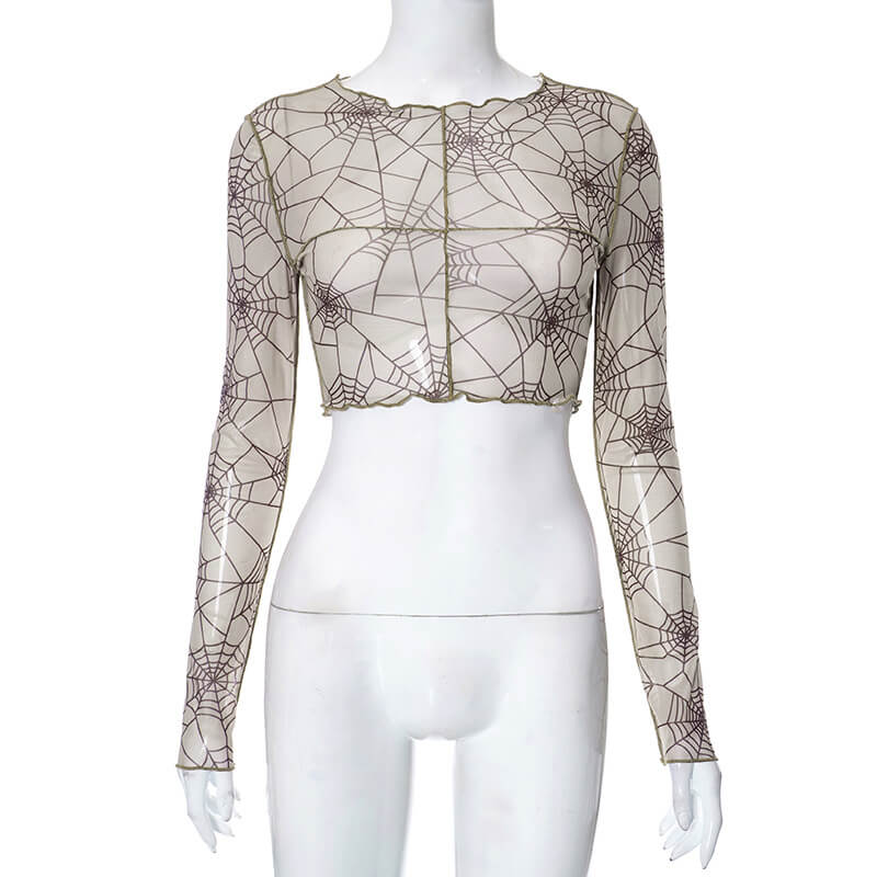 Spider Web Printed See Through Crop Top