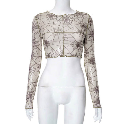 Spider Web Printed See Through Crop Top
