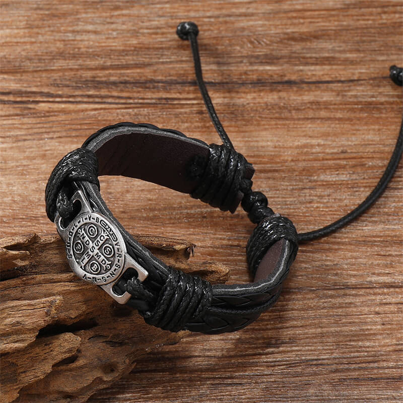 St. Benedict Braided Leather Cross Adjustable Bracelet