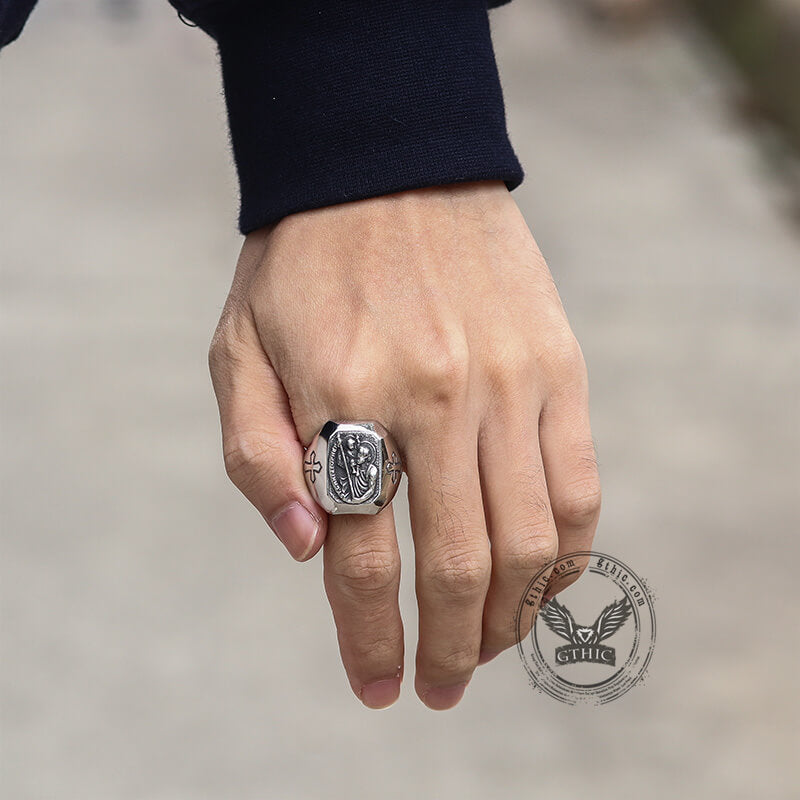 St Christopher Protect Us Stainless Steel Ring
