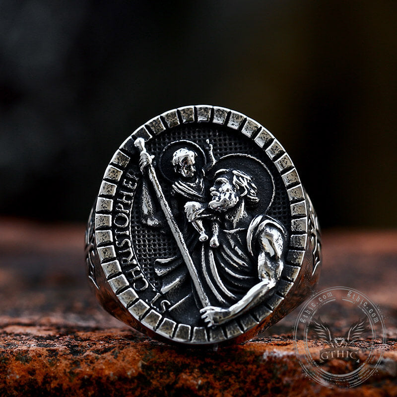 St Christopher Protect Us Stainless Steel Ring