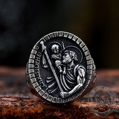 St Christopher Protect Us Stainless Steel Ring