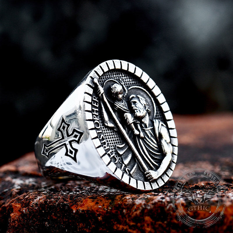 St Christopher Protect Us Stainless Steel Ring