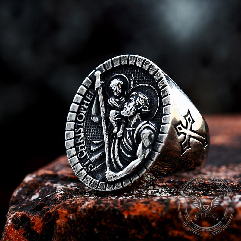 St Christopher Protect Us Stainless Steel Ring