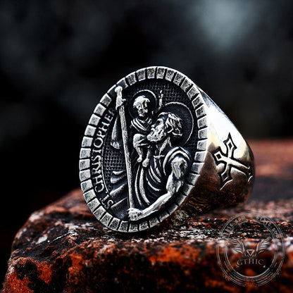 St Christopher Protect Us Stainless Steel Ring