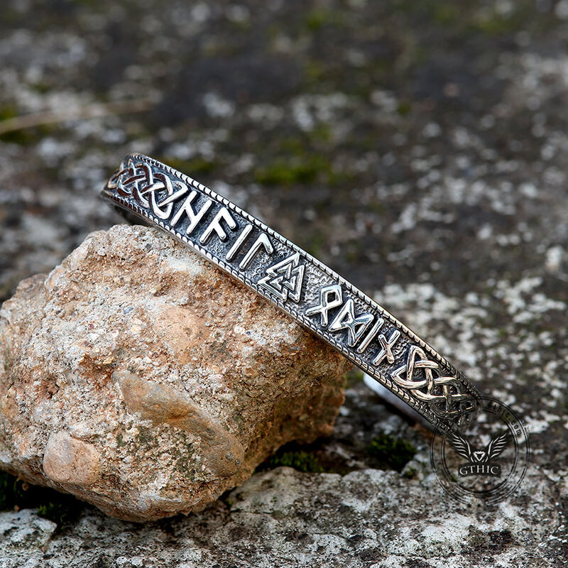 Stamped Futhark Runes Stainless Steel Viking Cuff Bracelet