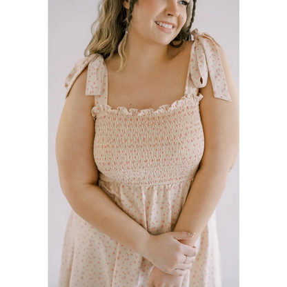 Day Dress with Shoulder Ties and Smocked Bodice