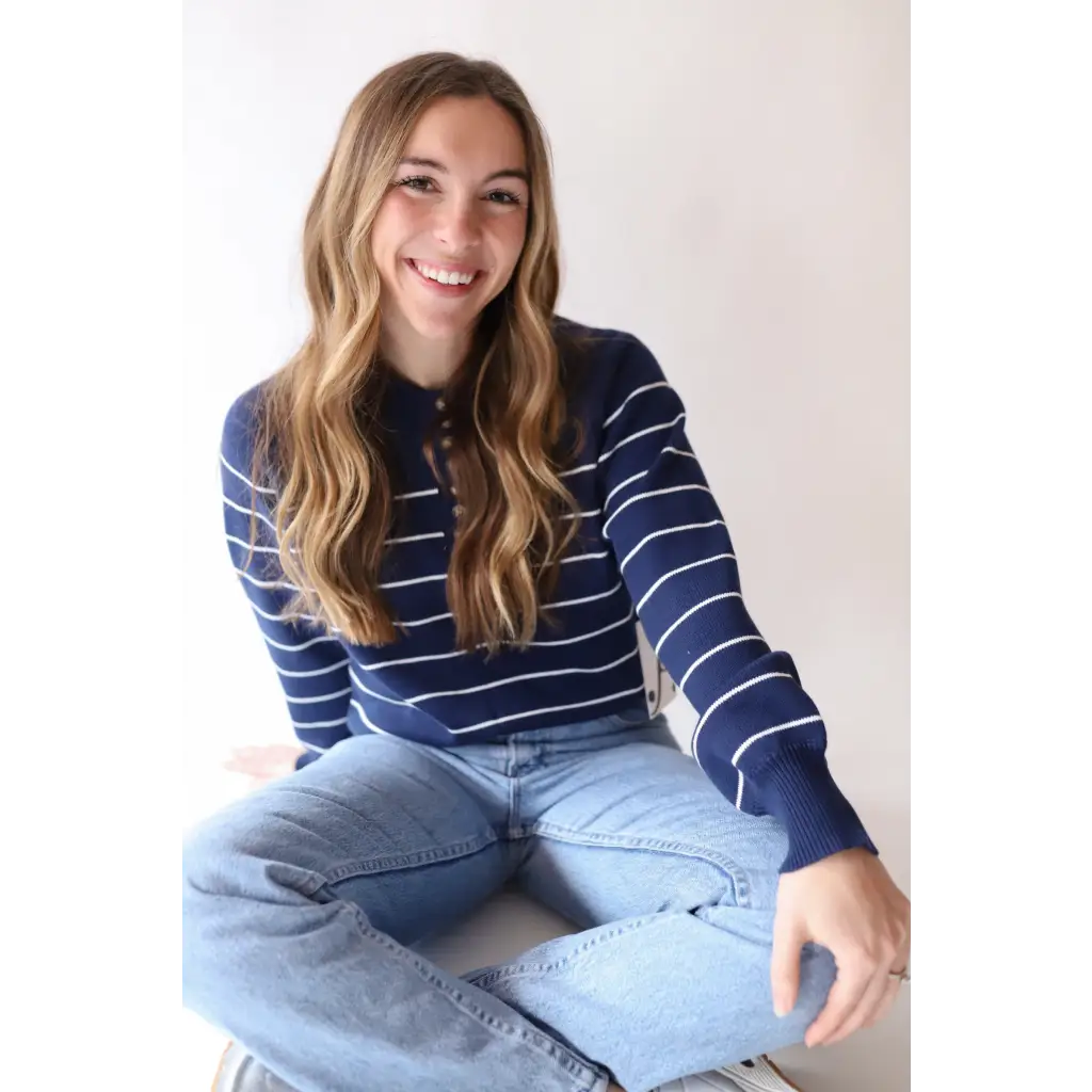 Ellen Henley Sweater in Navy with White Stripes