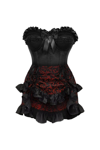 Top Drawer 2 PC Black Satin Steel Boned Burlesque Corset & Gold Brocade Skirt Set