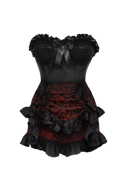 Top Drawer 2 PC Black Satin Steel Boned Burlesque Corset & Gold Brocade Skirt Set