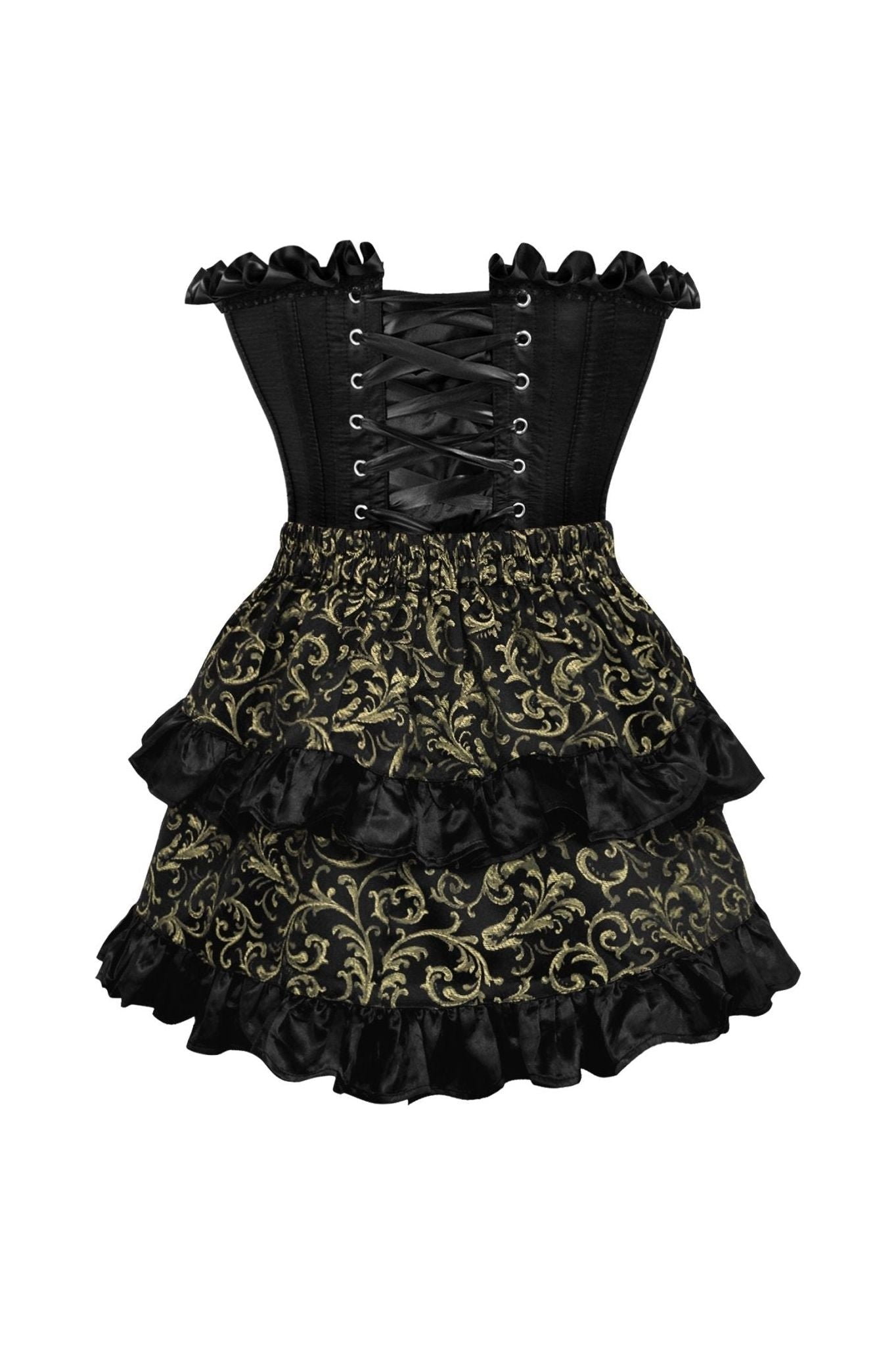 Top Drawer 2 PC Black Satin Steel Boned Burlesque Corset & Gold Brocade Skirt Set
