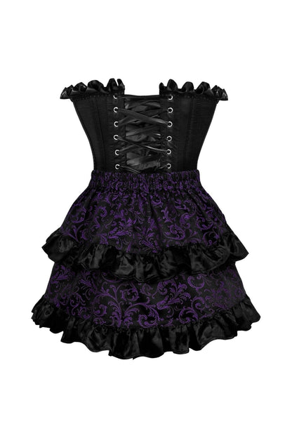 Top Drawer 2 PC Black Satin Steel Boned Burlesque Corset & Purple Brocade Skirt Set
