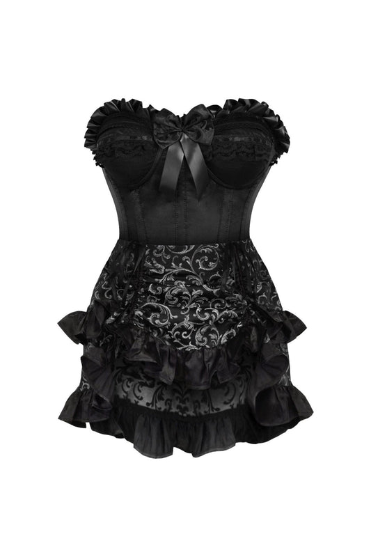 Top Drawer 2 PC Black Satin Steel Boned Burlesque Corset & Silver Brocade Skirt Set