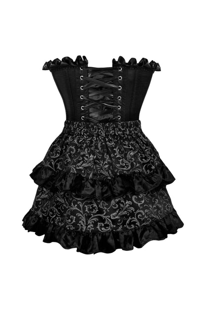 Top Drawer 2 PC Black Satin Steel Boned Burlesque Corset & Silver Brocade Skirt Set