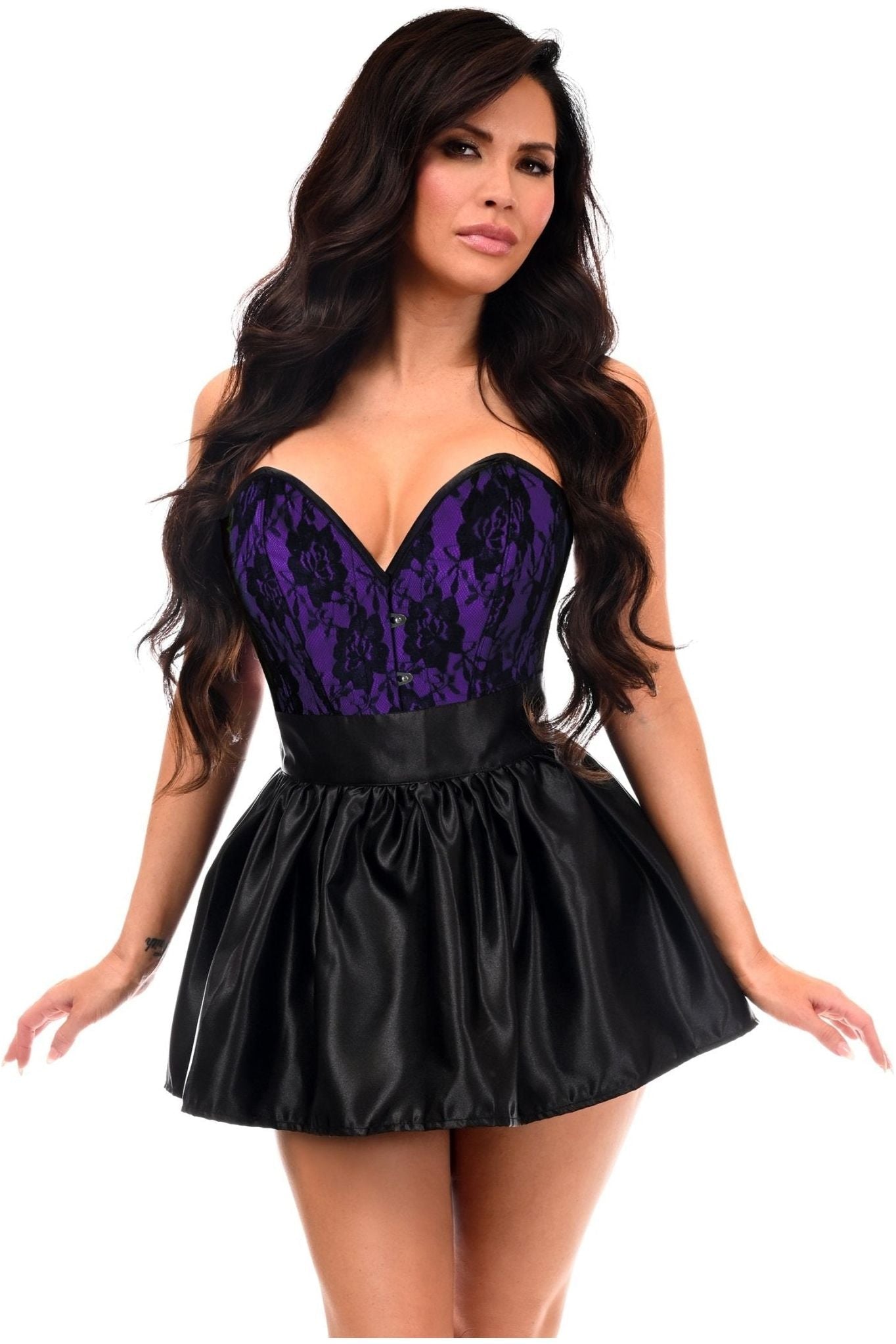 Top Drawer 2 PC Purple/Black Lace Steel Boned Corset & Satin Skirt Set