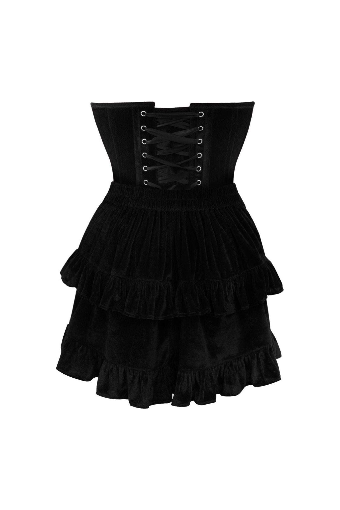 Top Drawer 2 PC Steel Boned Black Velvet Plunge Corset & Skirt Set