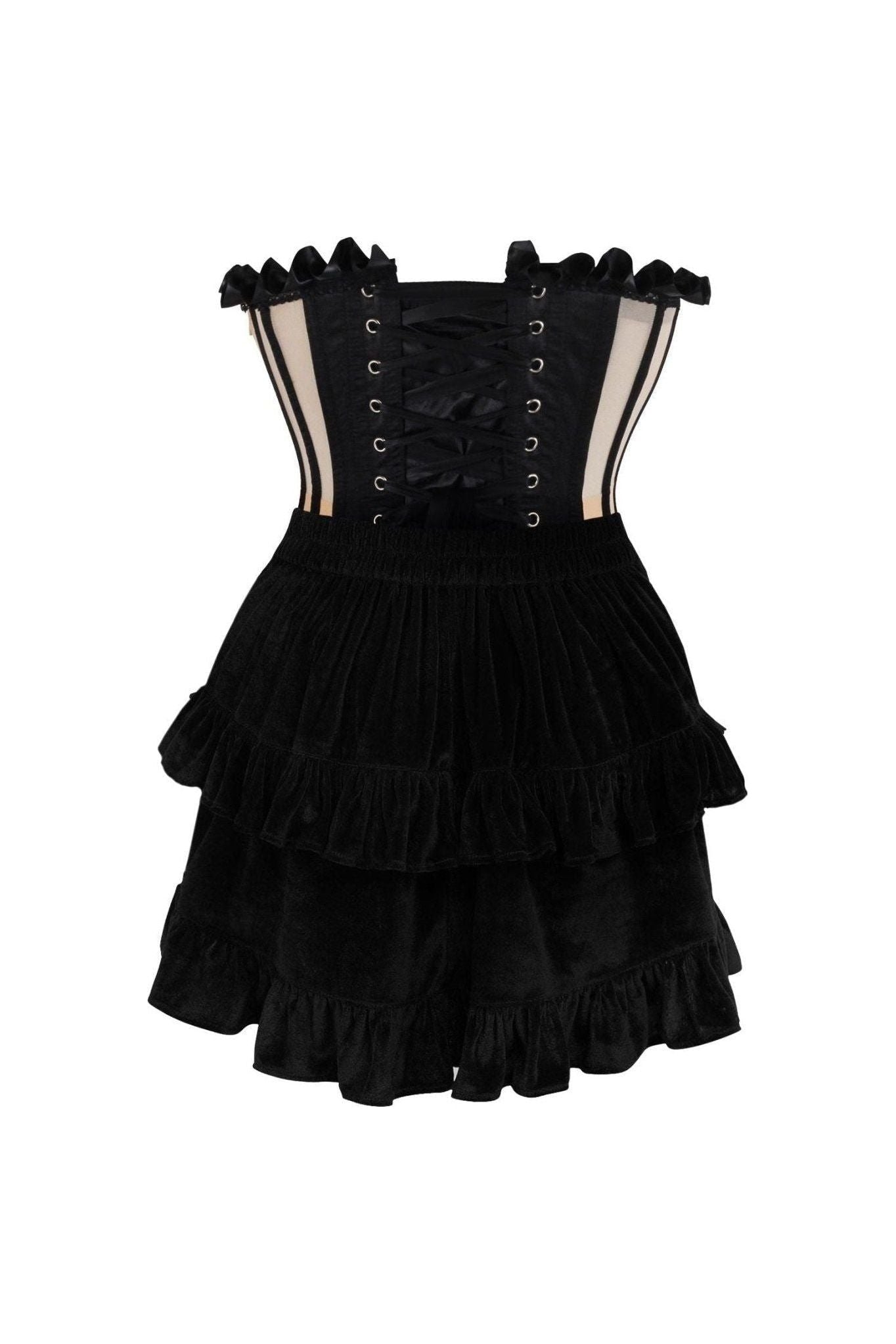 Top Drawer 2 PC Steel Boned Nude & Black Mesh Underwire Bustier Corset & Skirt Set