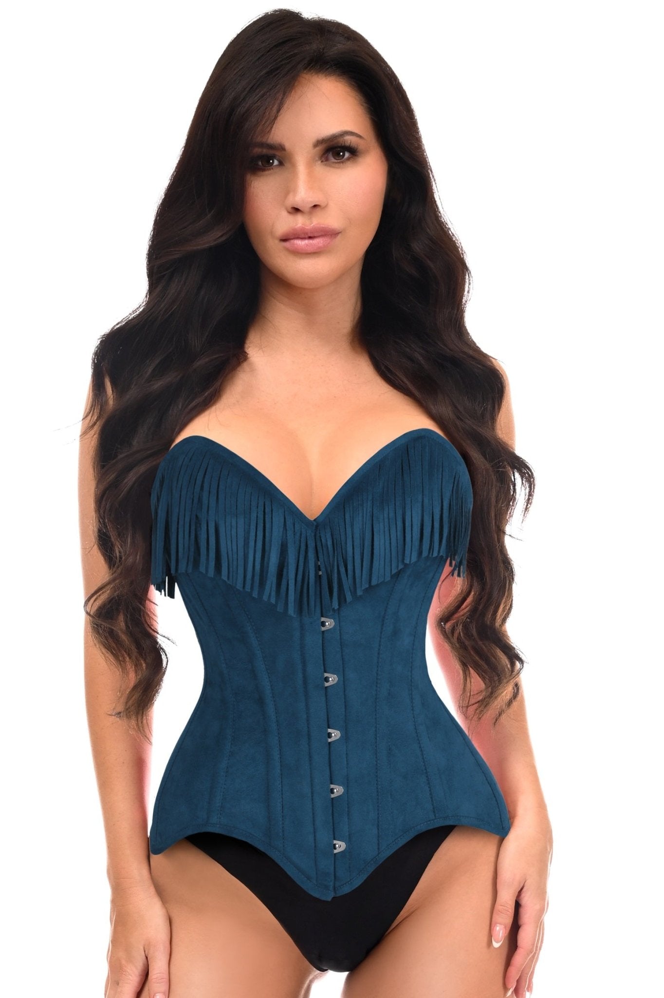 Top Drawer Blue Suede Steel Boned Overbust Corset w/Fringe
