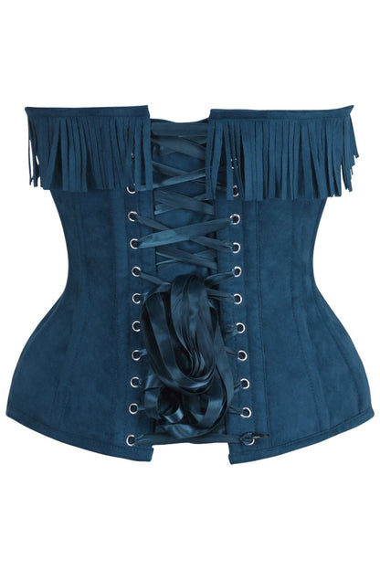 Top Drawer Blue Suede Steel Boned Overbust Corset w/Fringe