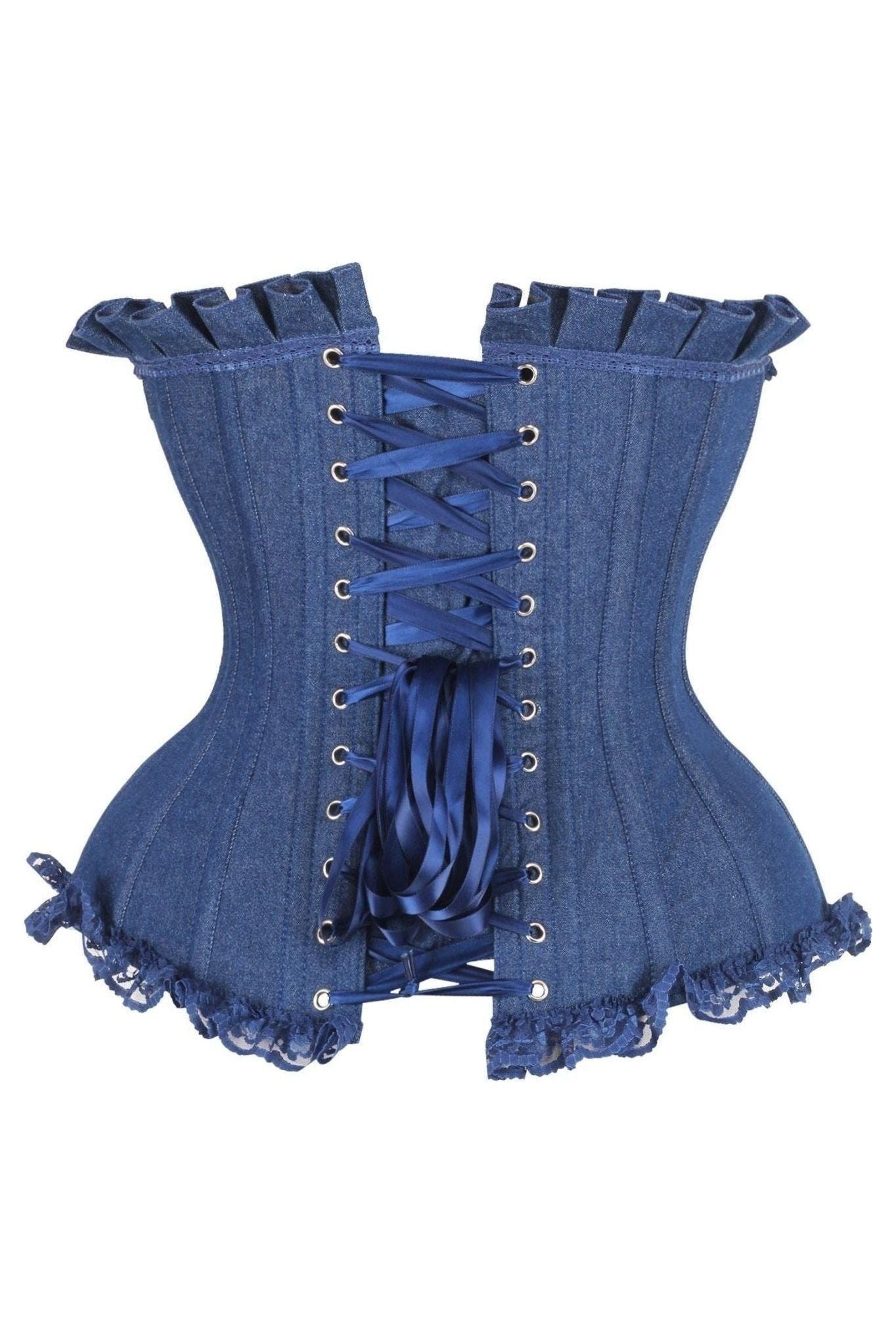 Top Drawer Dark Blue Denim Underwire Steel Boned Burlesque Corset w/Bows