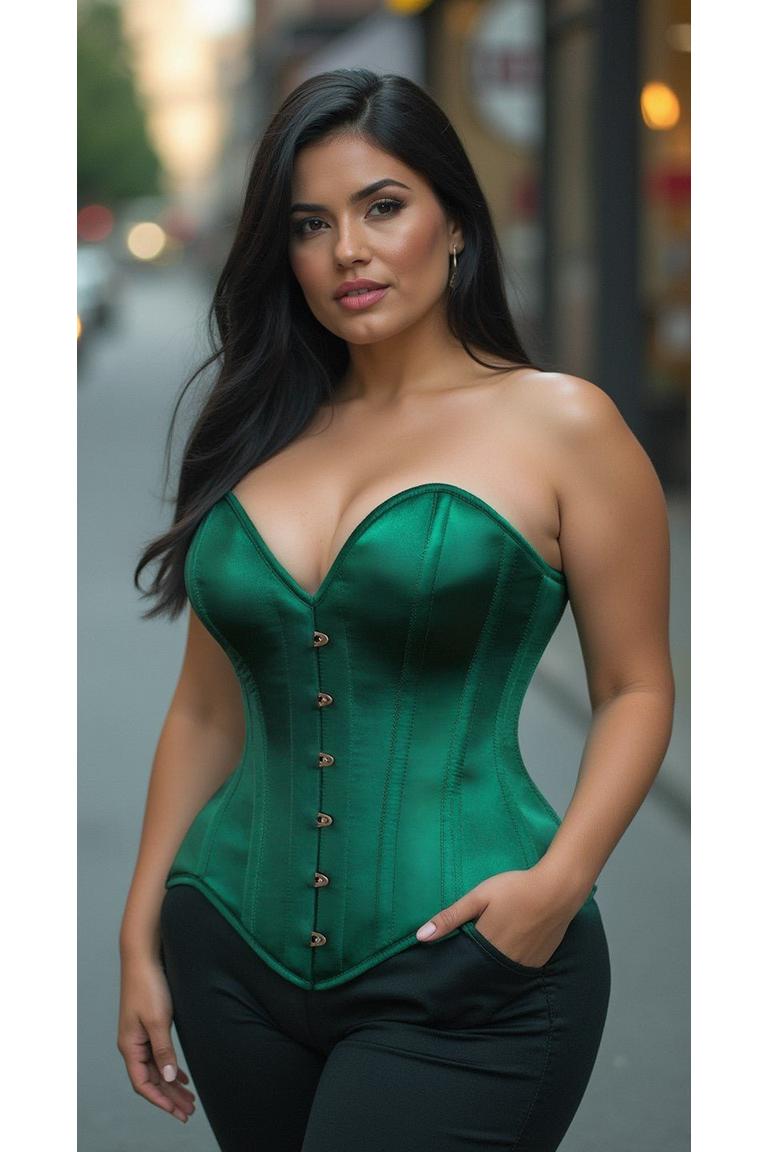 Top Drawer Dark Green Satin Steel Boned Overbust Corset