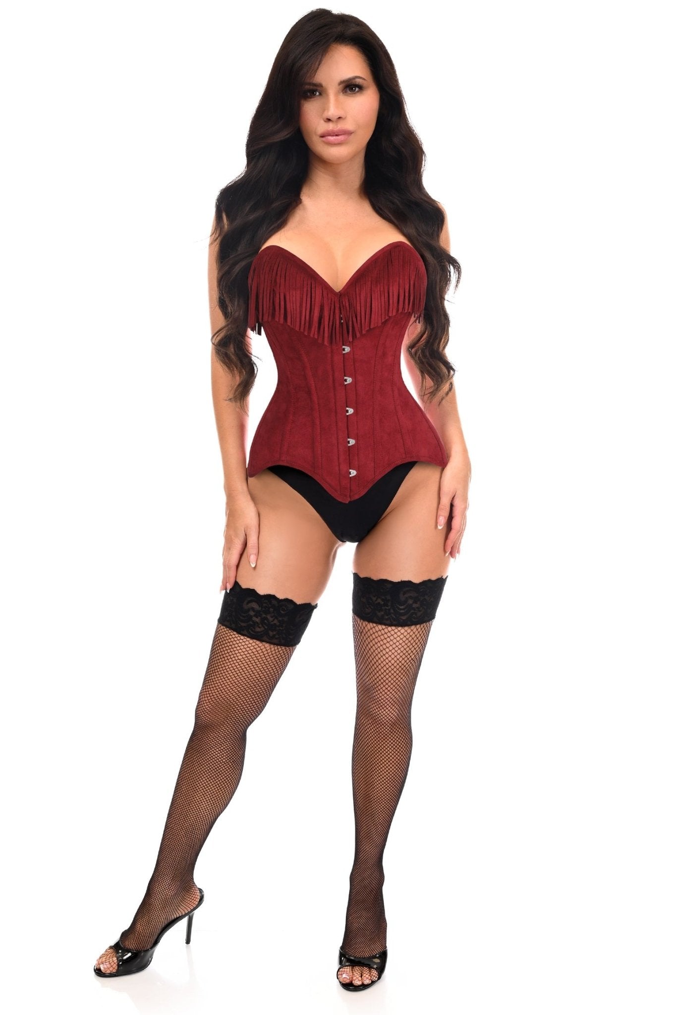 Top Drawer Red Suede Steel Boned Overbust Corset w/Fringe