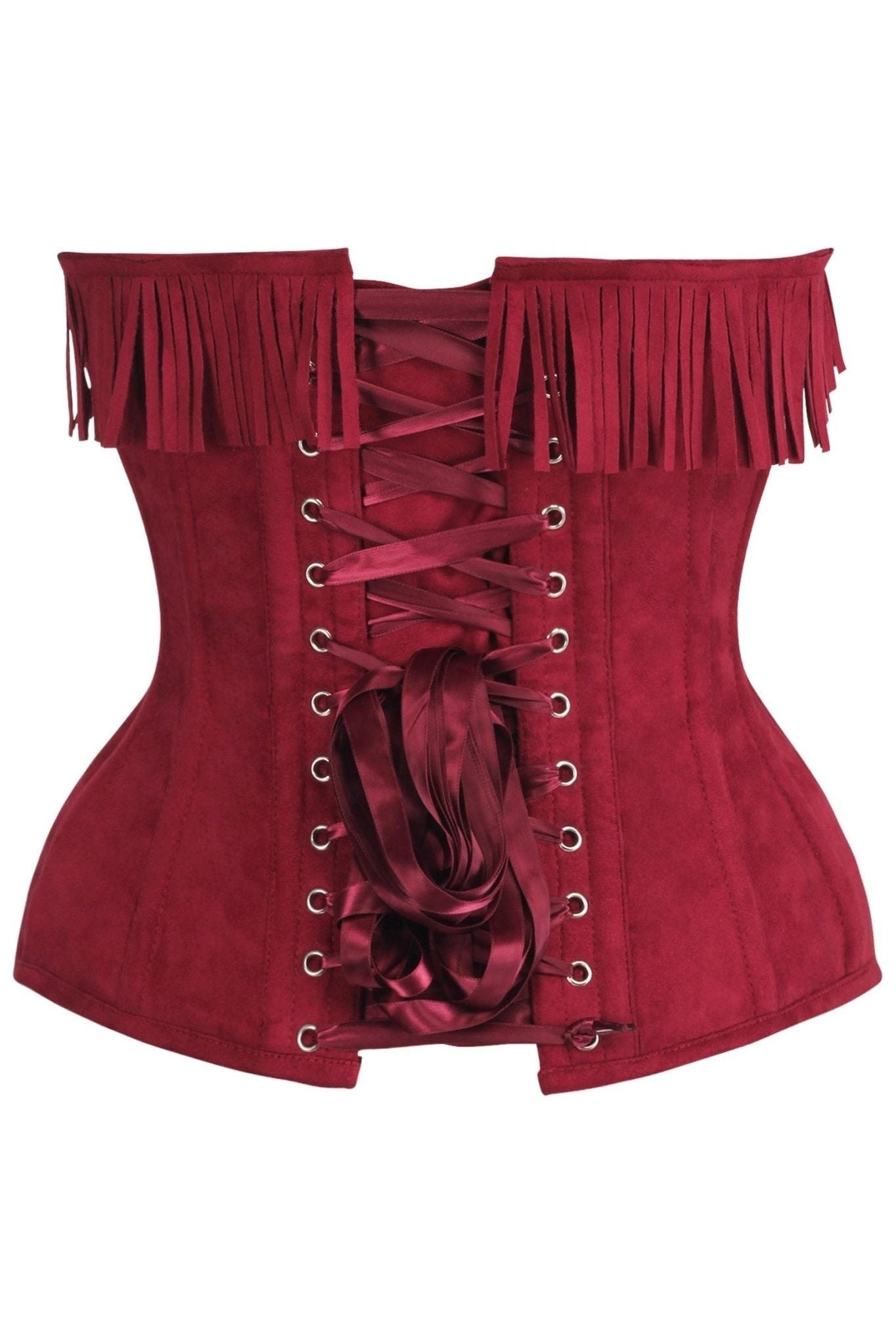 Top Drawer Red Suede Steel Boned Overbust Corset w/Fringe