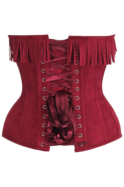 Top Drawer Red Suede Steel Boned Overbust Corset w/Fringe