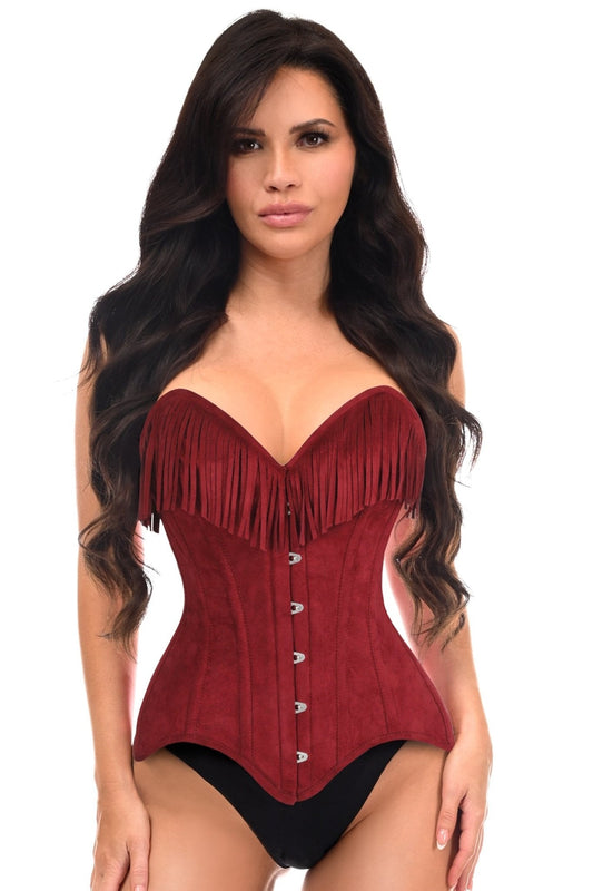 Top Drawer Red Suede Steel Boned Overbust Corset w/Fringe