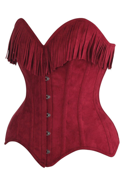 Top Drawer Red Suede Steel Boned Overbust Corset w/Fringe