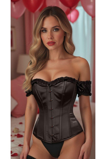 Top Drawer Steel Boned Black Satin Overbust Corset w/Sleeves