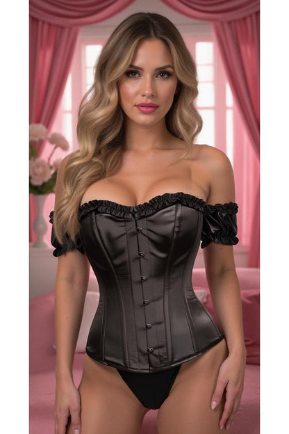Top Drawer Steel Boned Black Satin Overbust Corset w/Sleeves
