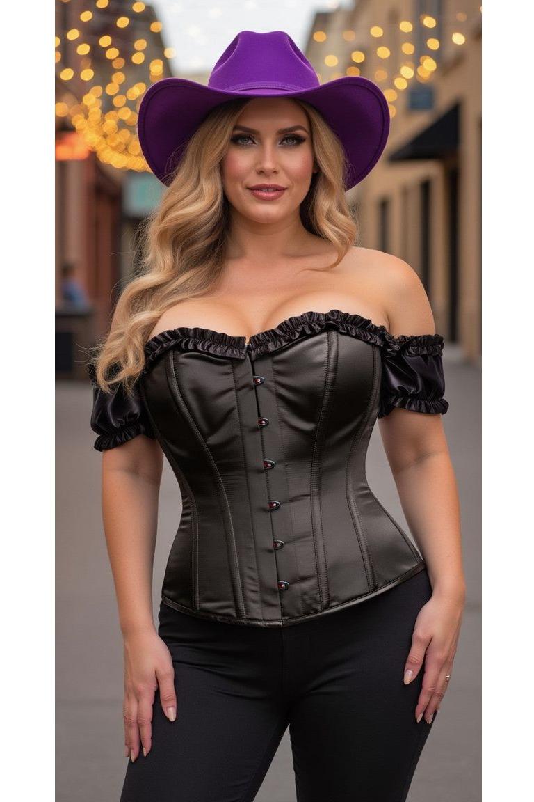 Top Drawer Steel Boned Black Satin Overbust Corset w/Sleeves
