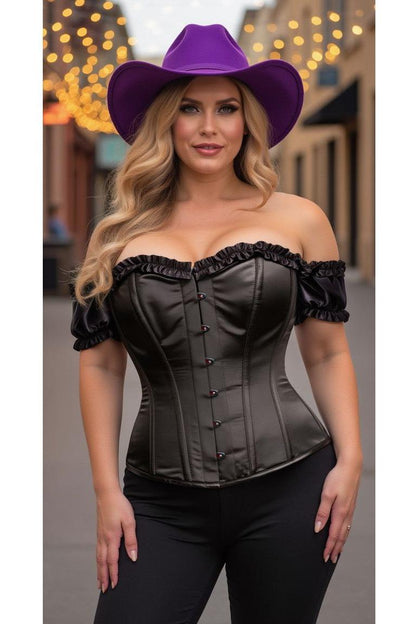 Top Drawer Steel Boned Black Satin Overbust Corset w/Sleeves