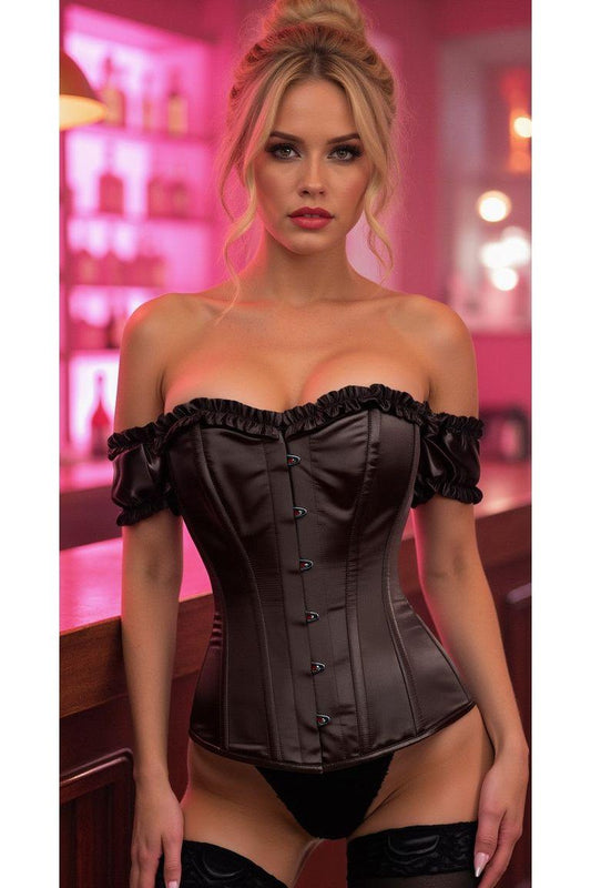 Top Drawer Steel Boned Black Satin Overbust Corset w/Sleeves