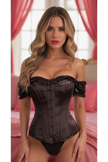 Top Drawer Steel Boned Black Satin Overbust Corset w/Sleeves