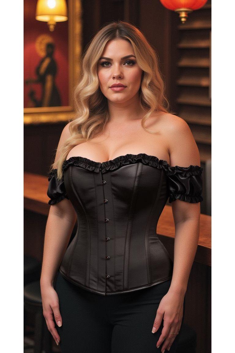 Top Drawer Steel Boned Black Satin Overbust Corset w/Sleeves