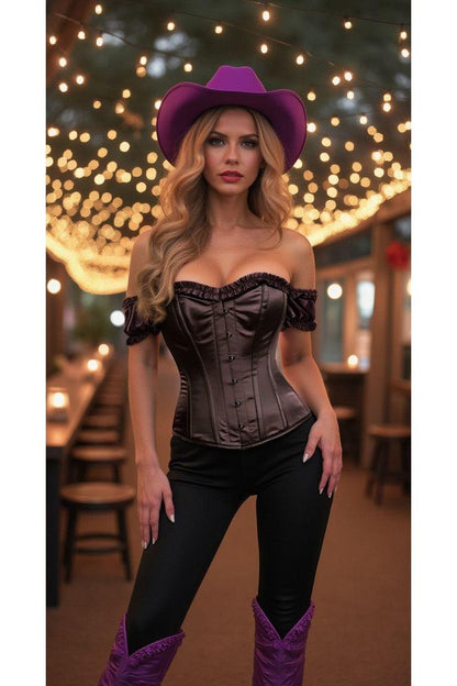 Top Drawer Steel Boned Black Satin Overbust Corset w/Sleeves