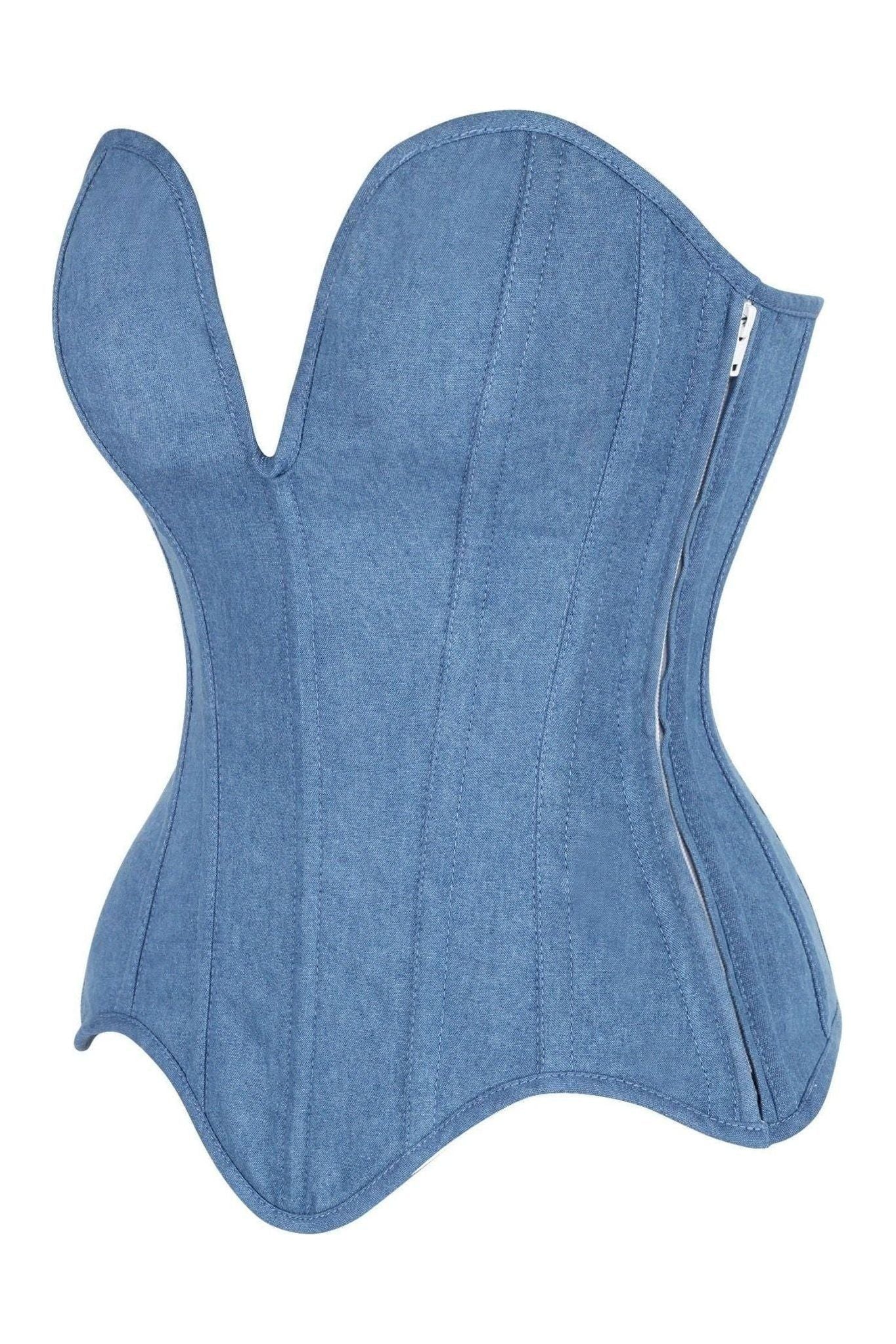 Top Drawer Steel Boned Blue Denim Plunge Neckline Overbust Corset