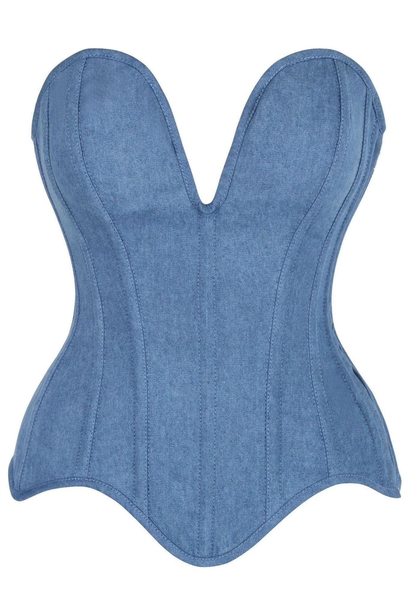 Top Drawer Steel Boned Blue Denim Plunge Neckline Overbust Corset