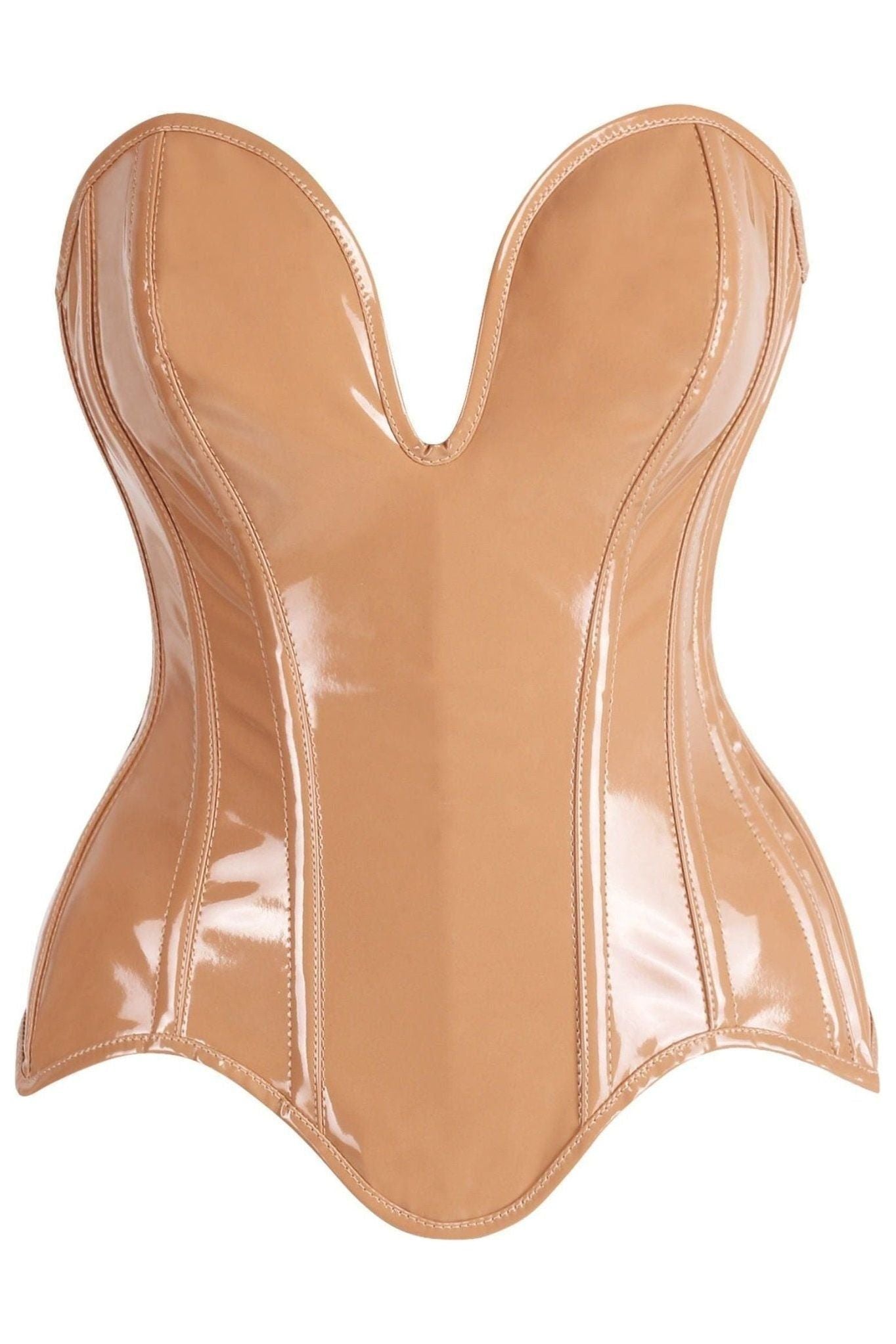 Top Drawer Steel Boned Caramel Patent Plunge Neckline Overbust Corset