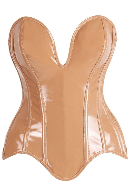 Top Drawer Steel Boned Caramel Patent Plunge Neckline Overbust Corset
