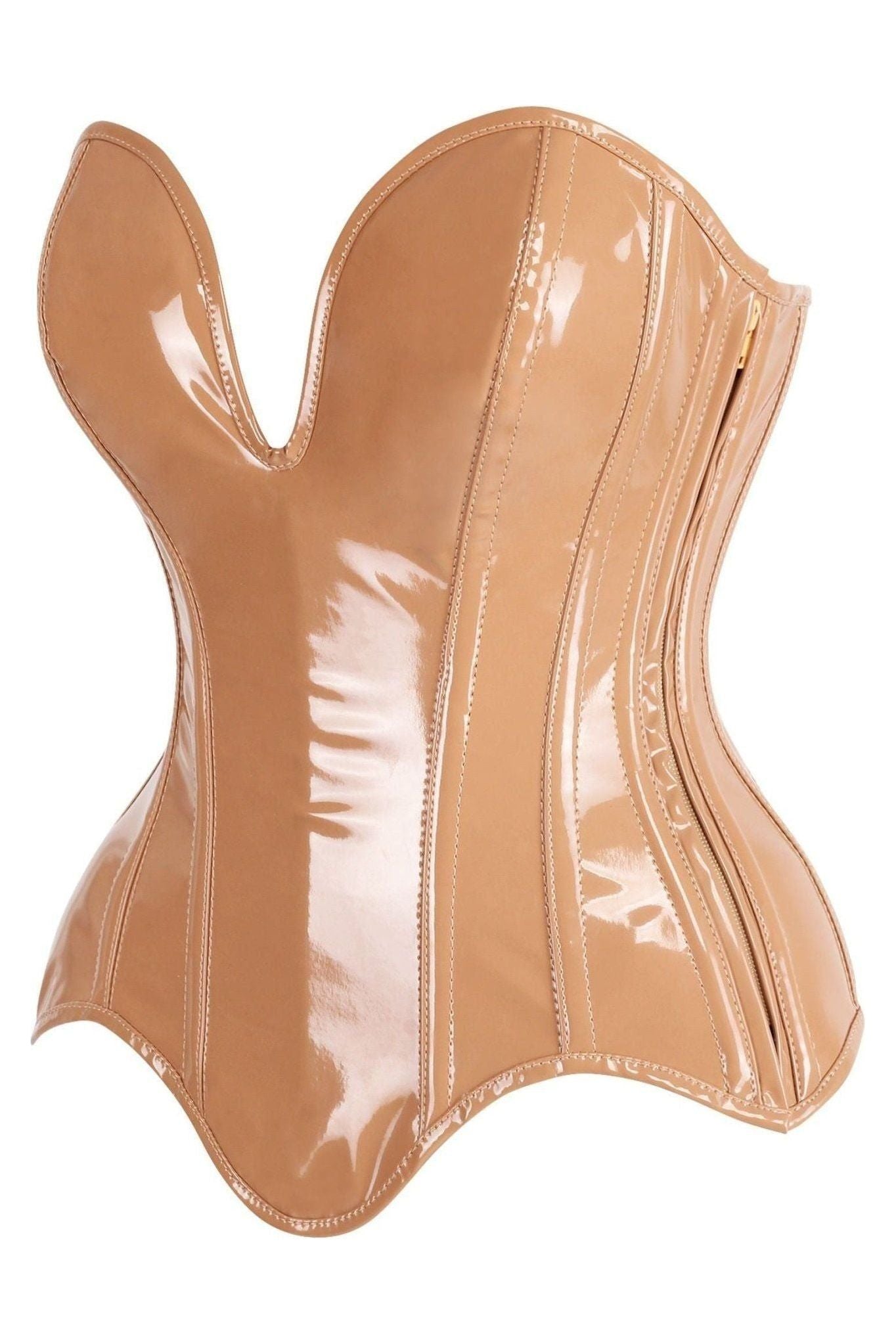Top Drawer Steel Boned Caramel Patent Plunge Neckline Overbust Corset